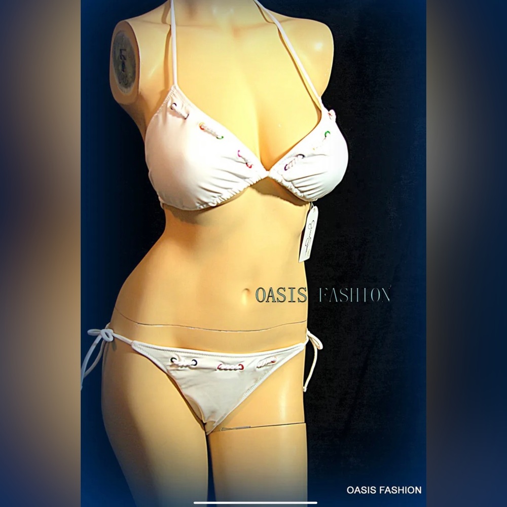 Jessica Simpson Womens Jr swimsuit bikini White nautical String Halter S M L